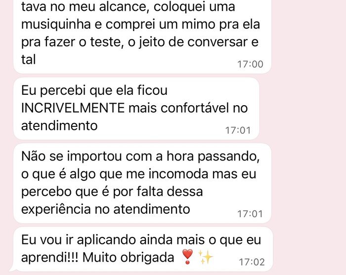 Mensagem de aluna sobre aplicar no atendimento