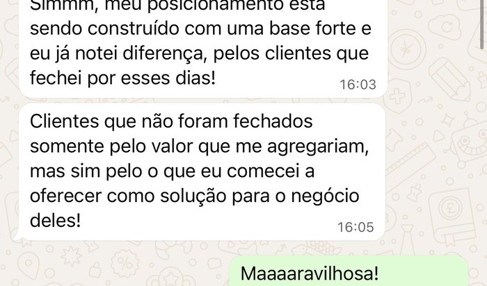 Mensagem de aluna sobre posicionamento e clientes fechados
